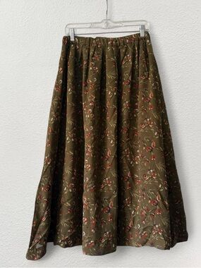 Vintage Olive Green Floral Midi Skirt